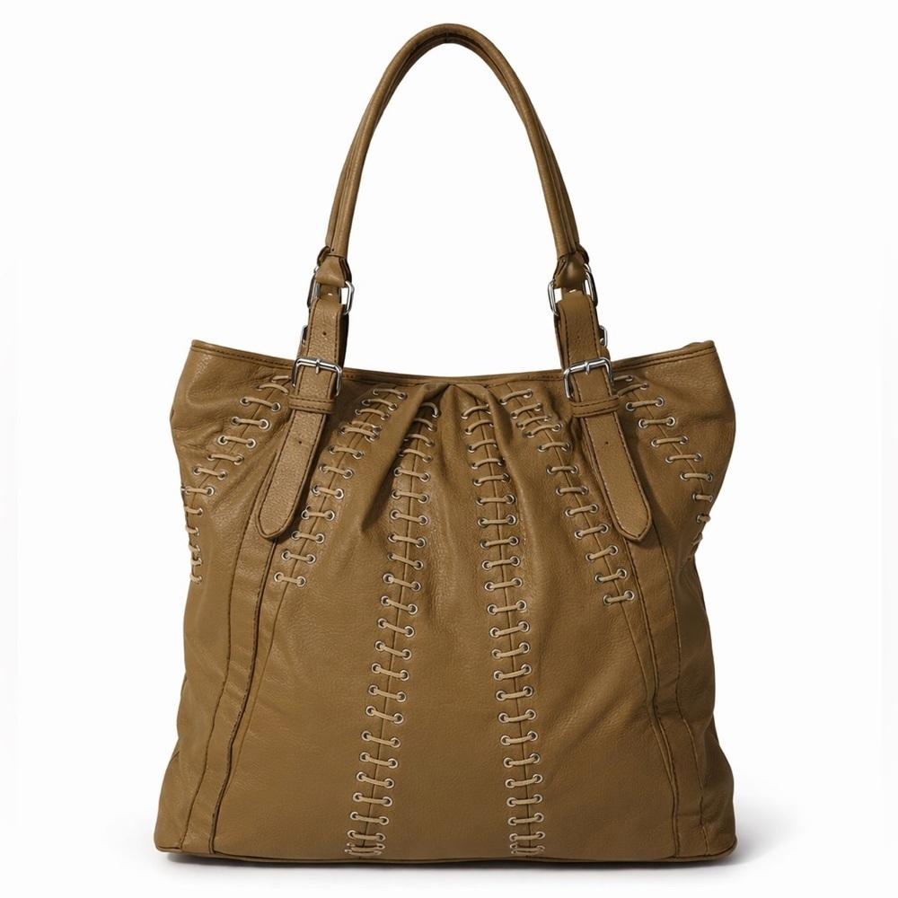 Barneys New York Brown Leather Lace-Up Tote Bag Large Slouchy Shoulder Bag Boho - Picture 2 of 16